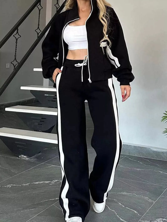 Full Size Contrast Stripe Zip Up Jacket and Pants Set Plus Size - Tigbul's Variety Fashion Shop