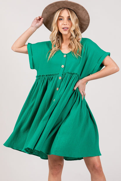 SAGE + FIG Full Size Button Up Short Sleeve Dress - Tigbul's Variety Fashion Shop