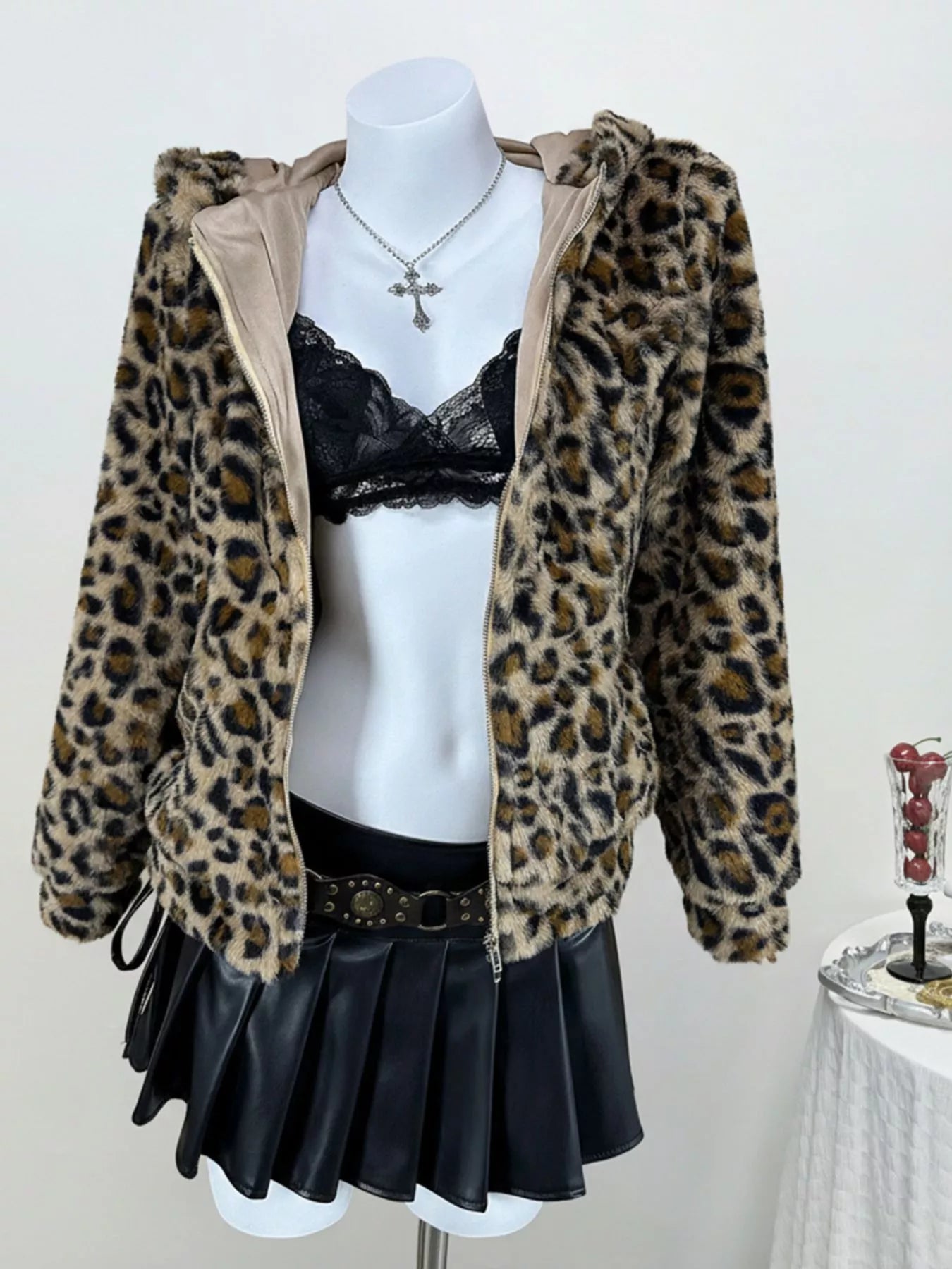 Leopard Plush Zip-Up Hooded Outerwear - Tigbul's Variety Fashion Shop