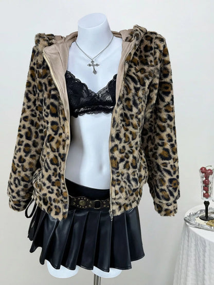 Leopard Plush Zip-Up Hooded Outerwear - Tigbul's Variety Fashion Shop
