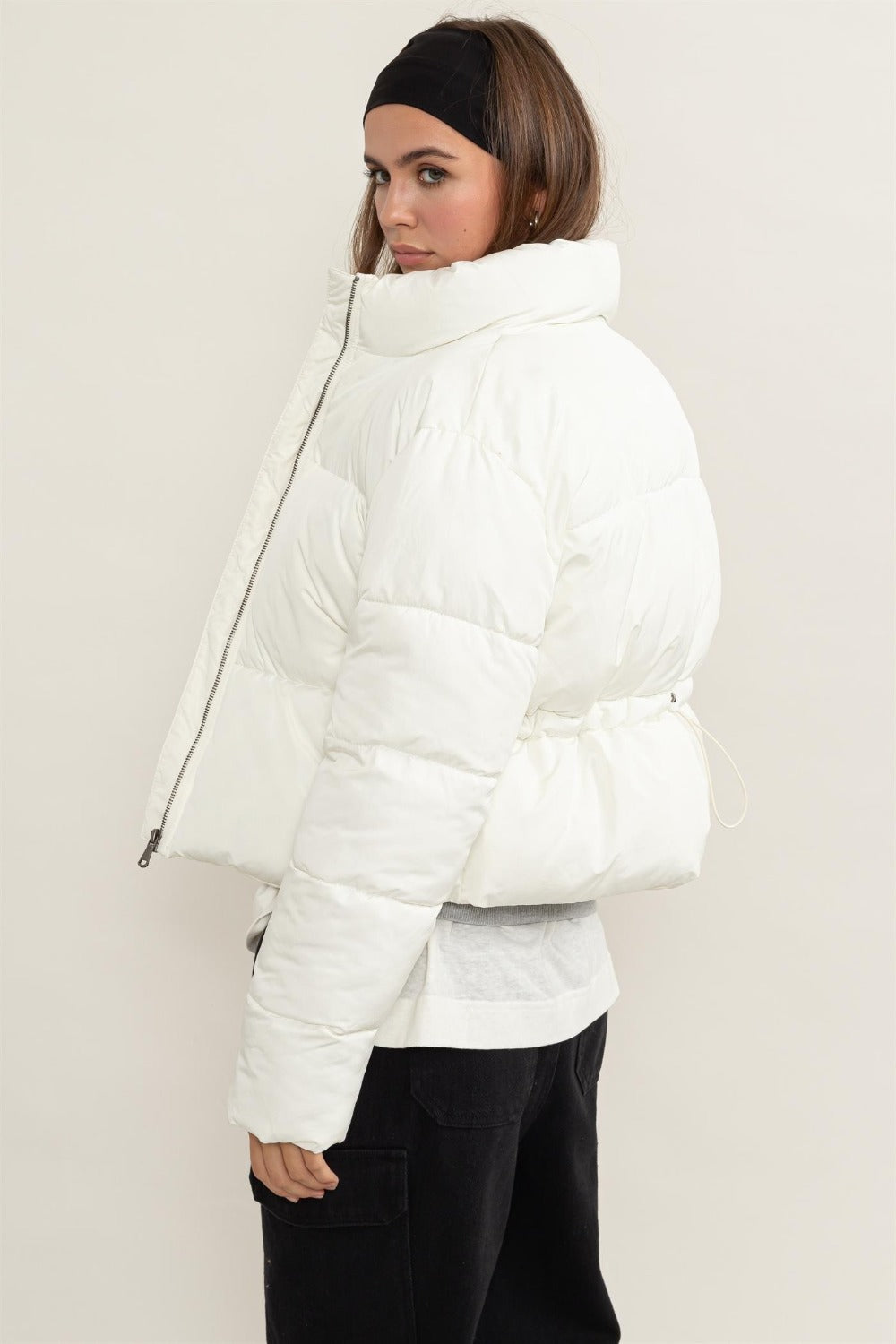 Quilted Back Drawstring Puffer Jacket Cream Color - Tigbul's Variety Fashion Shop