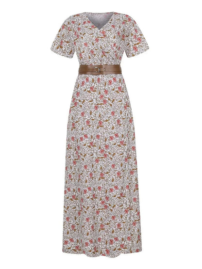 Full Size Printed V-Neck Short Sleeve Maxi Dress Plus Size - Tigbul's Variety Fashion Shop