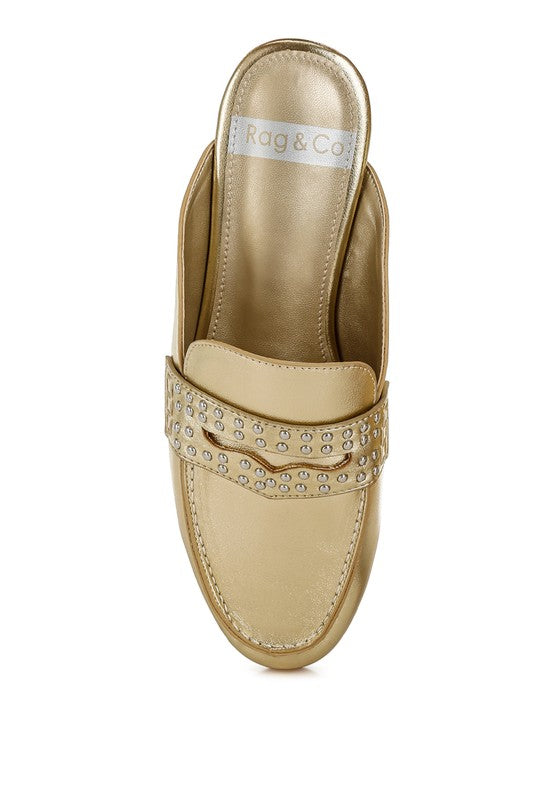 Adam Lane Gold Stud Detail Metallic Pleather Mules - Tigbul's Variety Fashion Shop