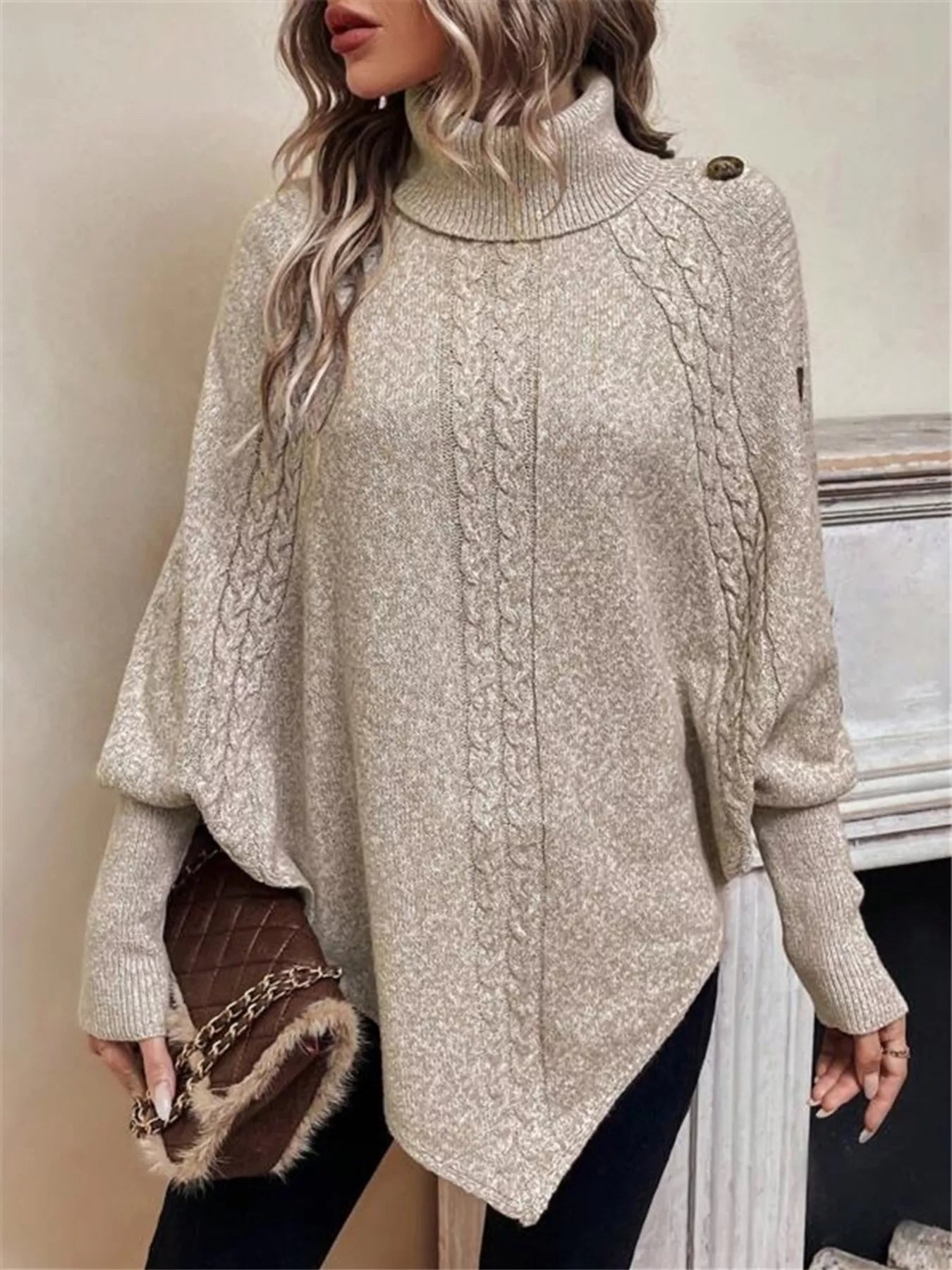Cable Knit Turtleneck Cape Sweater - Tigbul's Variety Fashion Shop