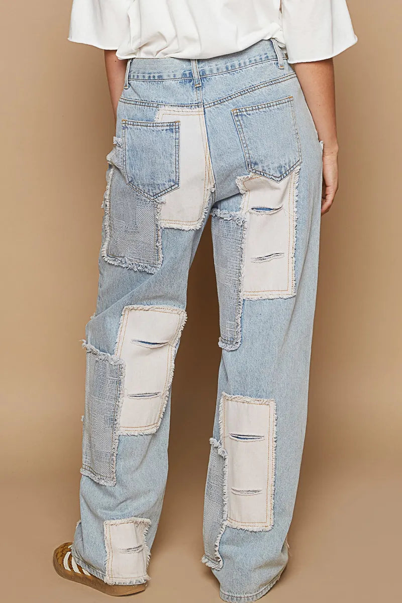POL Contrast Patched Raw Hem Straight Jeans - Tigbul's Variety Fashion Shop