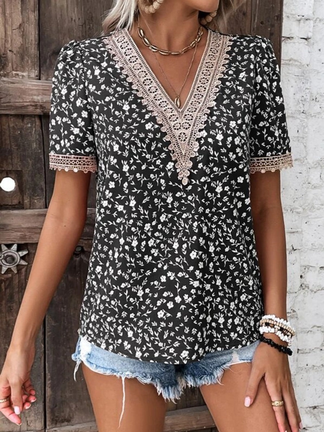 Full Size Printed V-Neck Short Sleeve Blouse - Tigbul's Variety Fashion Shop