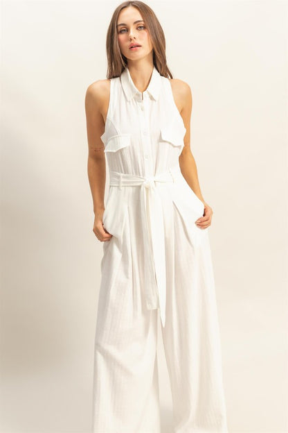 HYFVE Sleeveless Tie Waist Wide Leg Jumpsuit - Tigbul's Variety Fashion Shop