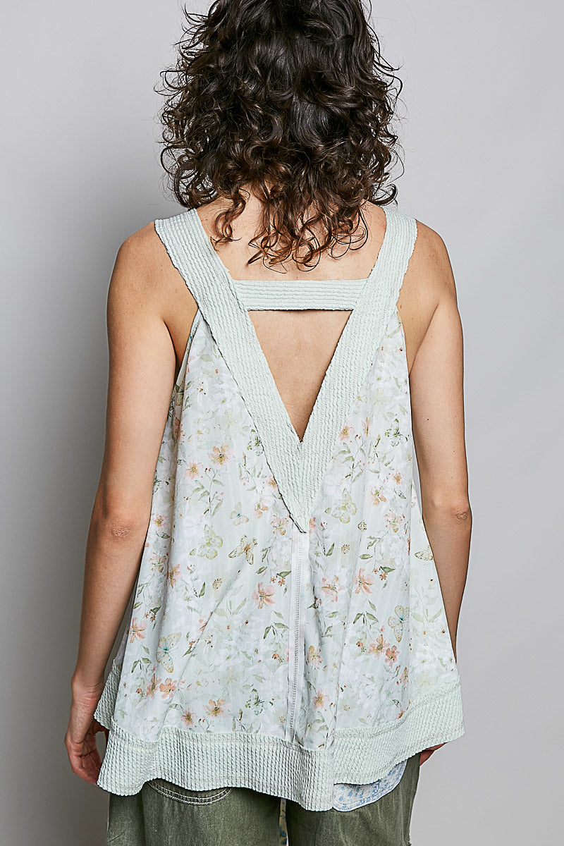 Floral tank back with open-back cutout and V-shaped seam, sage multi