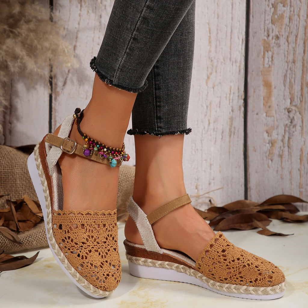 Purple-tone beaded ankle strap espadrille sandals with woven brown toe and jute wedge sole