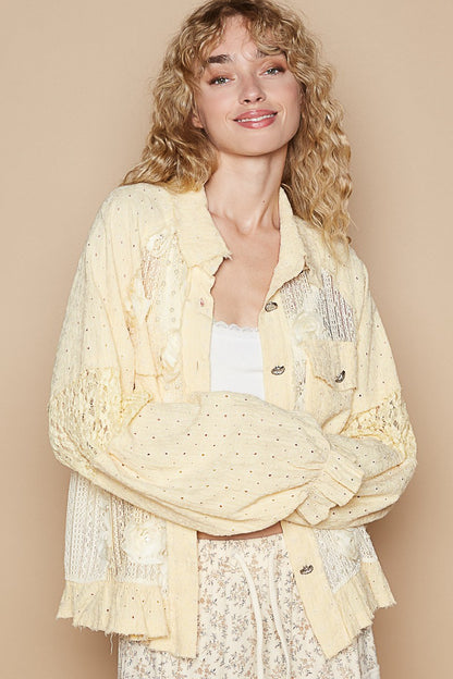 POL Eyelet Flower Pearl Detail Lace Patchwork Shirt - Tigbul's Variety Fashion Shop