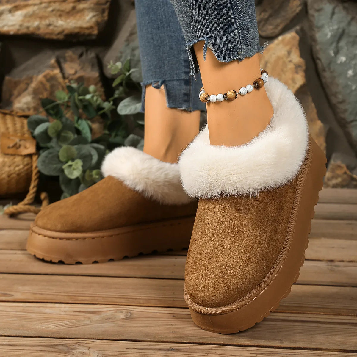 Fuzzy Trim Round Toe Platform Boots - Tigbul's Variety Fashion Shop