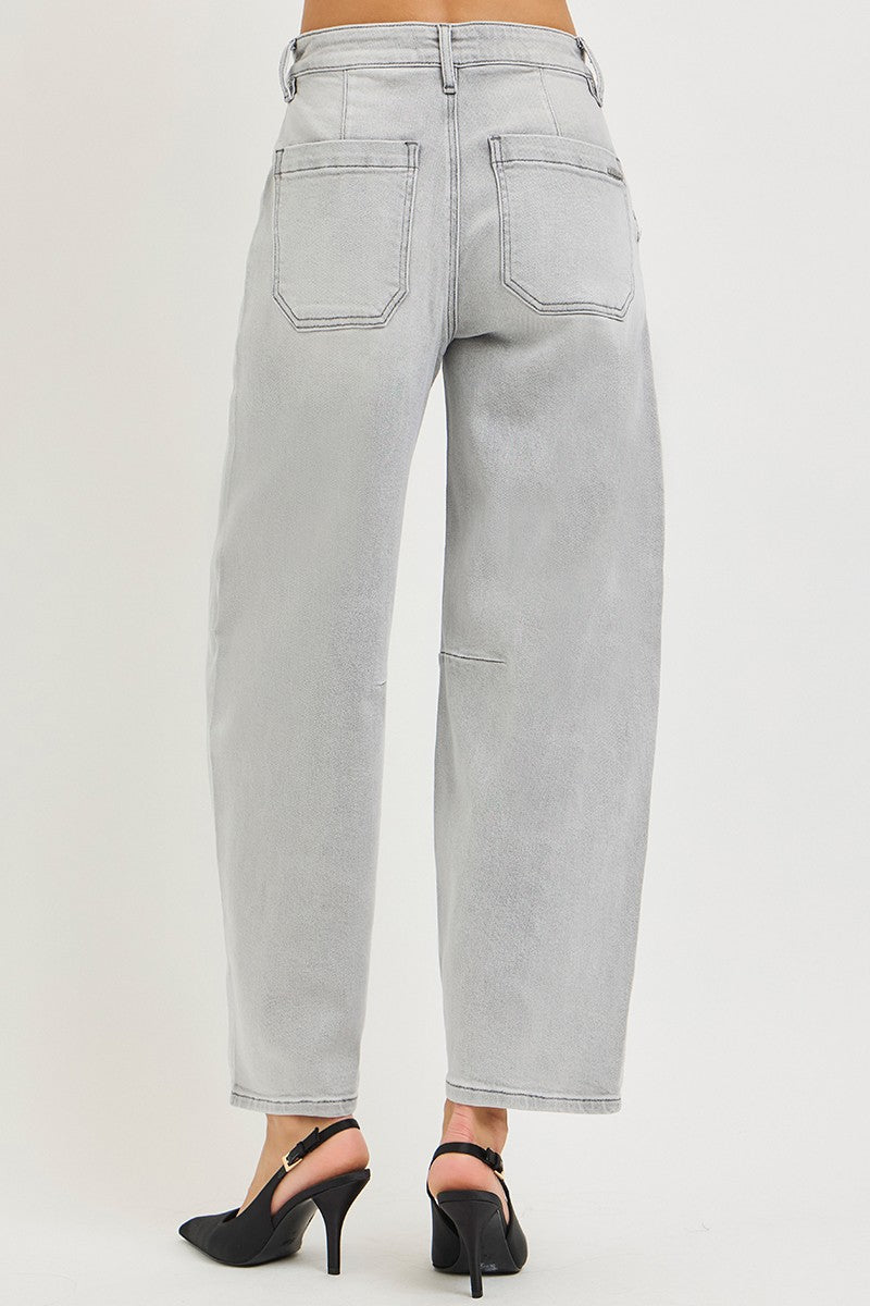 Light grey cropped barrel jeans back view, button waistband, patch pockets, belt loops
