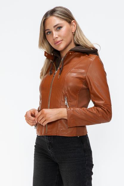 Faux Leather Zip Up Drawstring Hooded Jacket in Camel