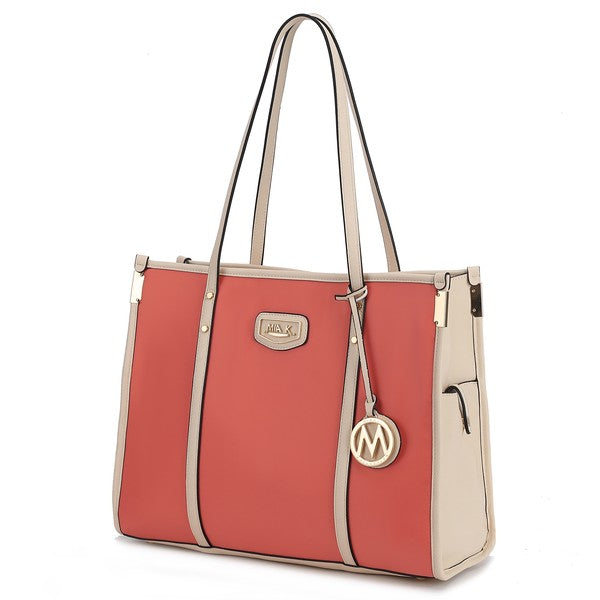 Oversized tote in blush and cream with front logo patch, top handles, side zipper pocket
