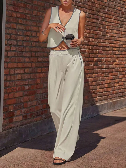 Beige V-Neck Vest and Pants Set - Tigbul's Variety Fashion Shop