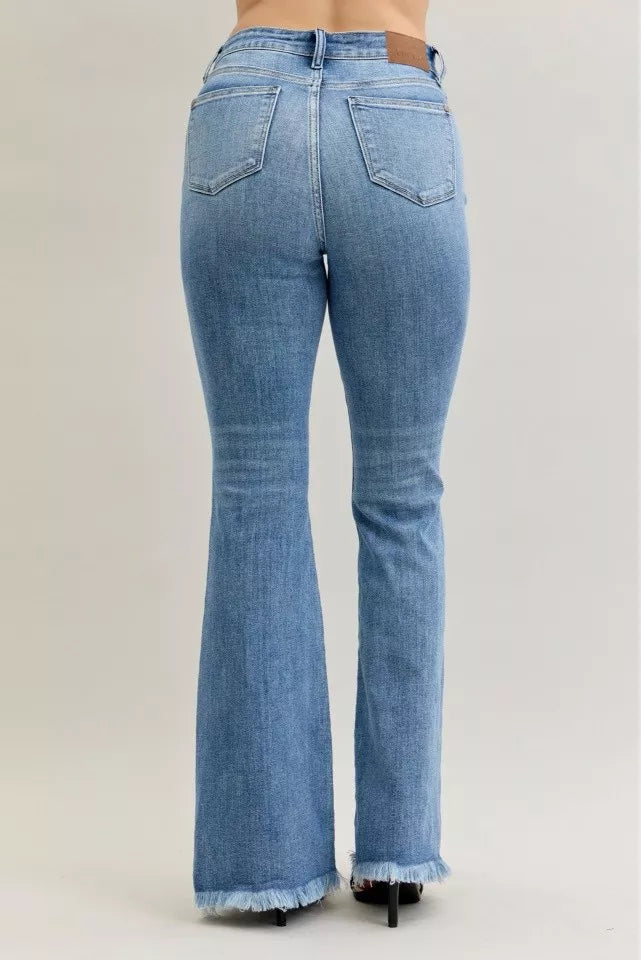 Judy Blue High Waist Flare Fray Hem Jeans with Front Pintuck Detail - Tigbul's Variety Fashion Shop