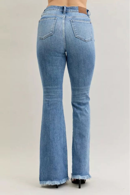 Judy Blue High Waist Flare Fray Hem Jeans with Front Pintuck Detail - Tigbul's Variety Fashion Shop