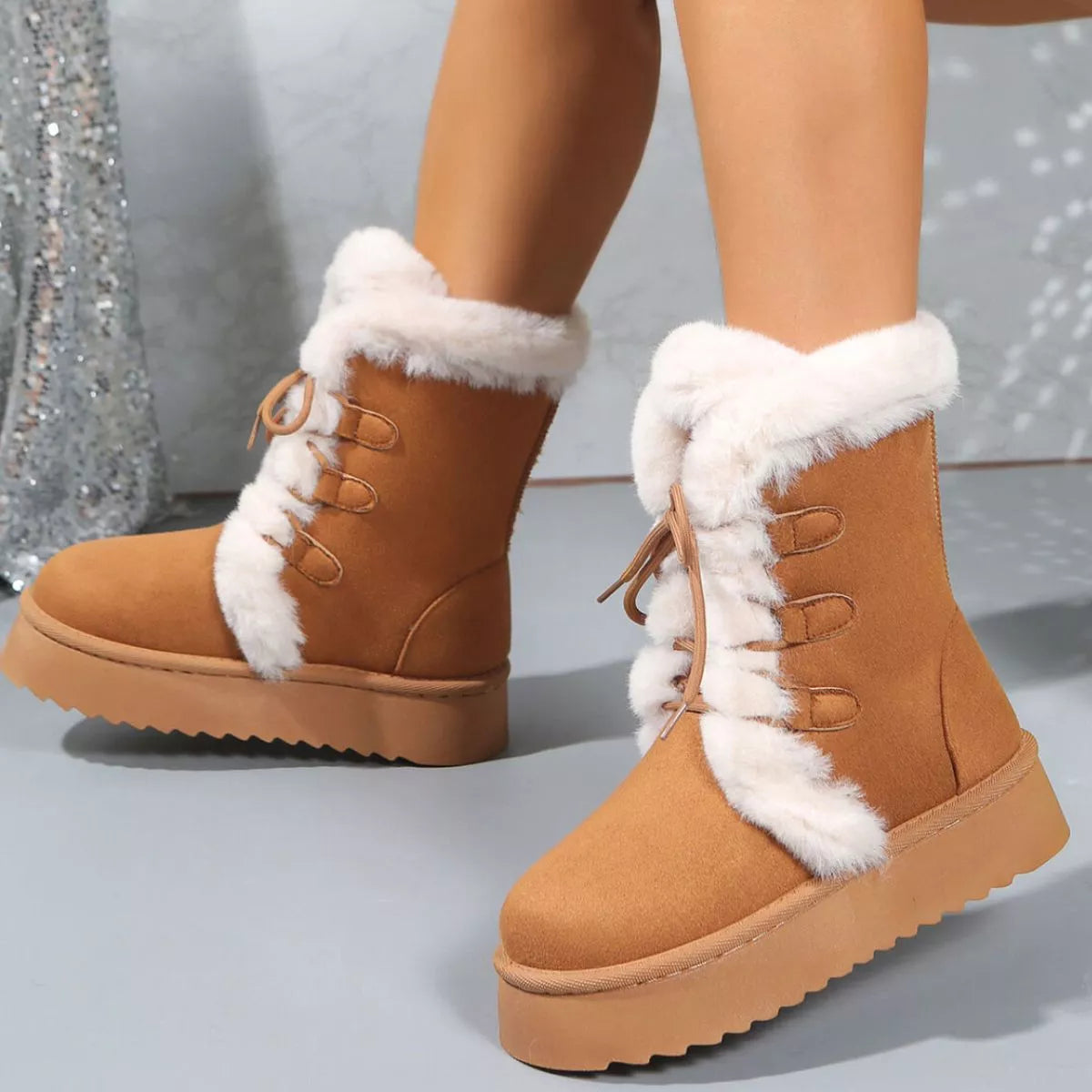 Fuzzy Trim Lace-Up Platform Boots - Tigbul's Variety Fashion Shop