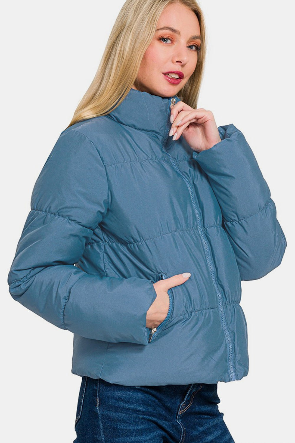 Dusty Blue Zip Up Turtleneck Puffer Jacket with Pockets - Tigbul's Variety Fashion Shop