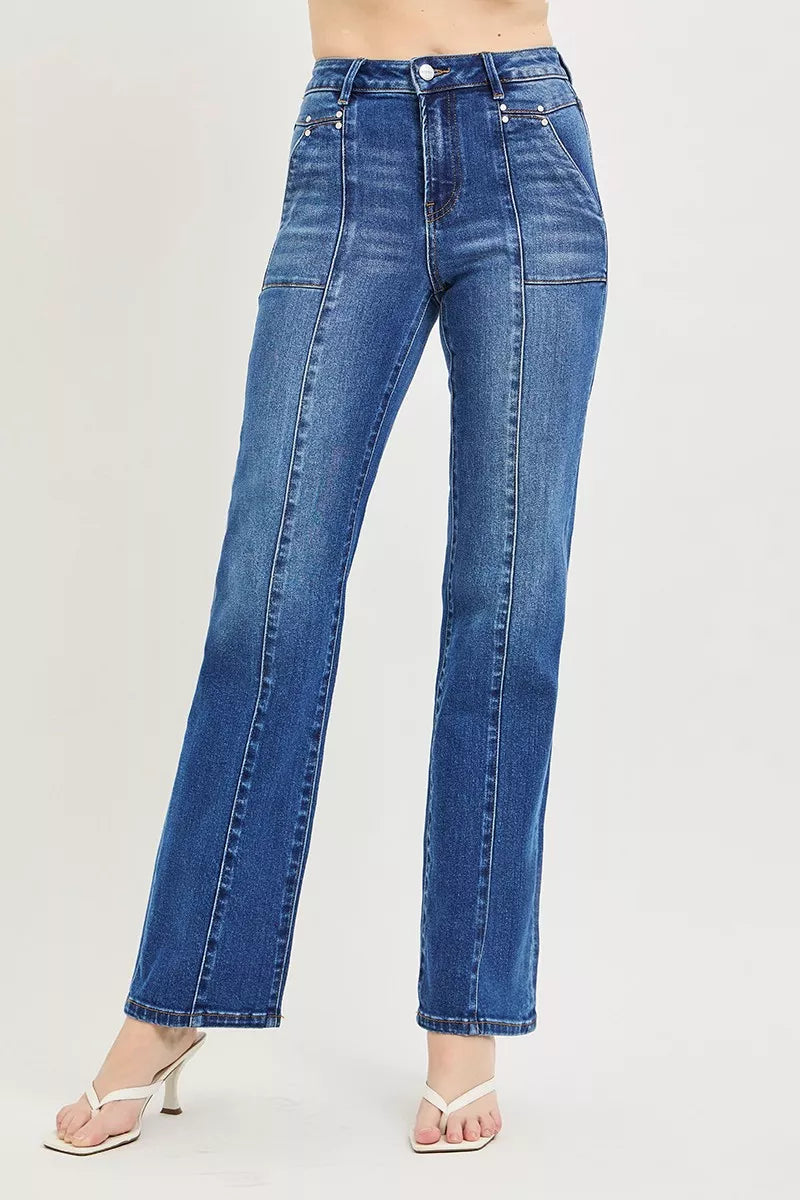 Dark high-rise straight-leg jeans with patch pockets and front button closure