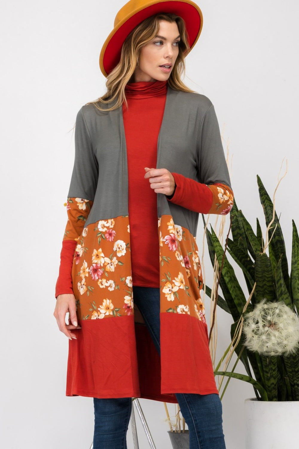 Celeste Full Size Floral Color Block Open Front Cardigan - Tigbul's Variety Fashion Shop