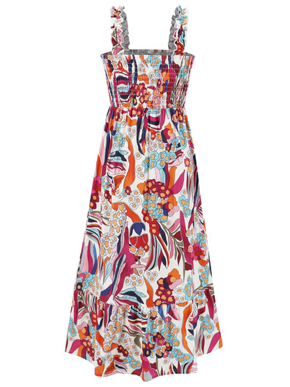 Smocked Printed Square Neck Sleeveless Dress - Tigbuls Variety Fashion