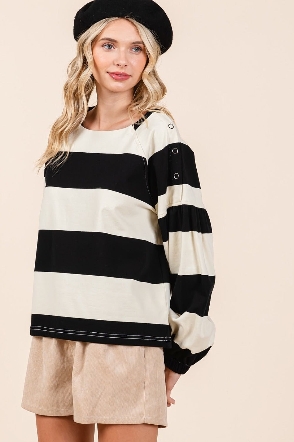 Striped Snap Shoulder Long Sleeve T-Shirt - Tigbul's Variety Fashion Shop