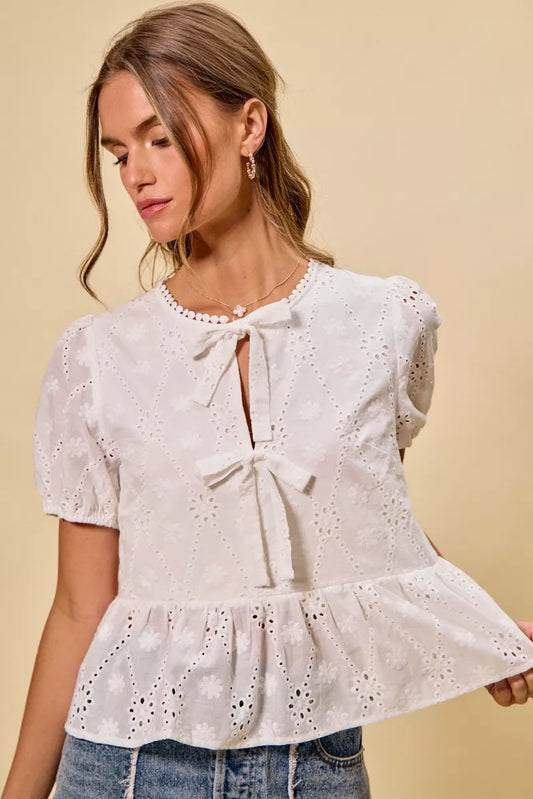 White Cotton Eyelet Front Tie Short Sleeve Blouse - Tigbul's Variety Fashion Shop