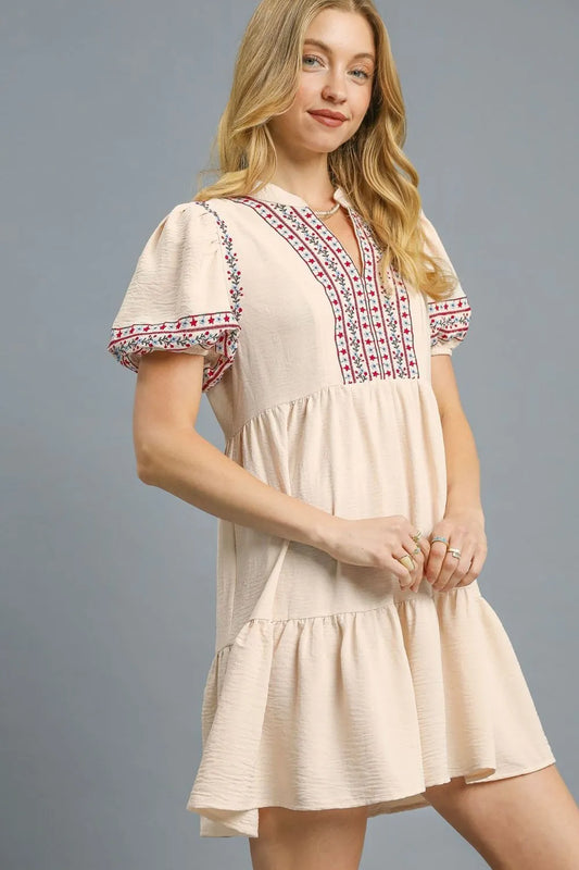Umgee Floral Trim Puff Sleeve Mini Dress - Tigbul's Variety Fashion Shop
