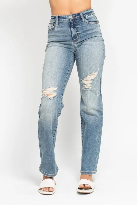 Judy Blue Full Size High Waist Distressed Dad Jean Plus Size - Tigbul's Variety Fashion Shop