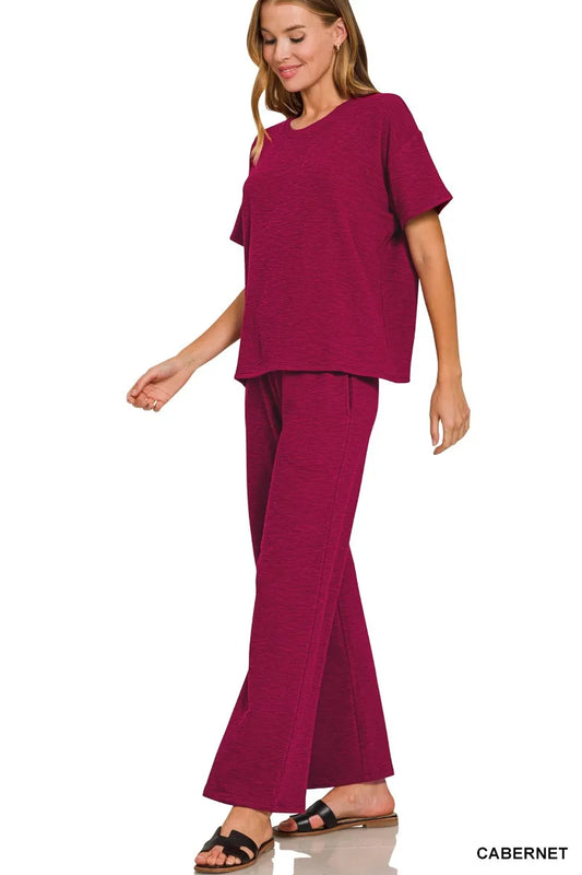 Zenana Slub Short Sleeve T-Shirt and Pants Set - Tigbul's Variety Fashion Shop