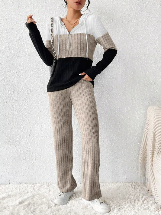 Color Block Half Zip Hooded Top and Pants Set - Tigbul's Variety Fashion Shop
