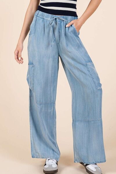 Blue Washed Elastic Waist Cargo Wide Leg Pants - Tigbul's Variety Fashion Shop