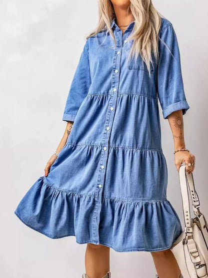Full Size Ruffled Hem Button Up Denim Midi Dress Plus Size - Tigbul's Variety Fashion Shop