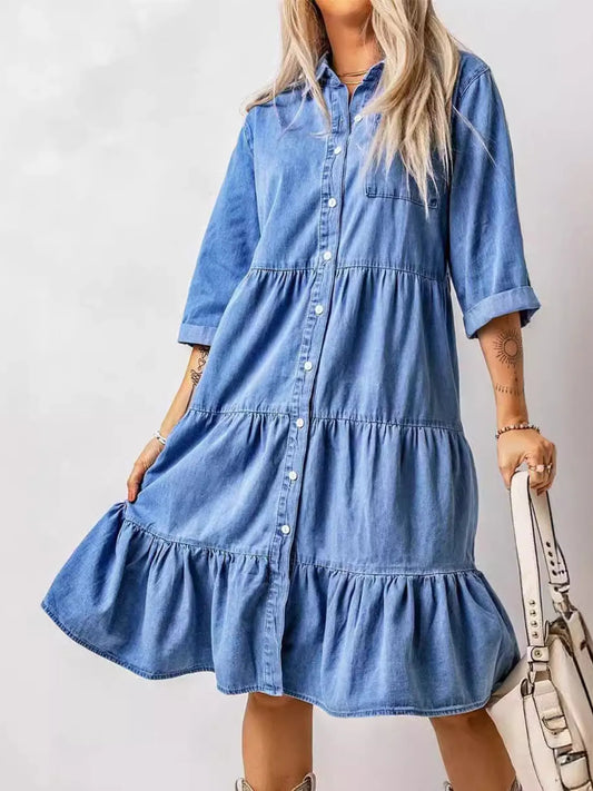 Full Size Ruffled Hem Button Up Denim Midi Dress Plus Size - Tigbul's Variety Fashion Shop