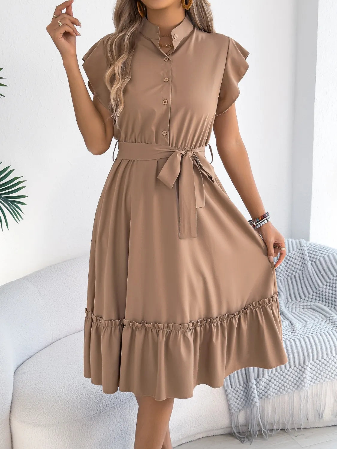 Tie Waist Ruffled Cap Sleeve Dress - Tigbul's Variety Fashion Shop