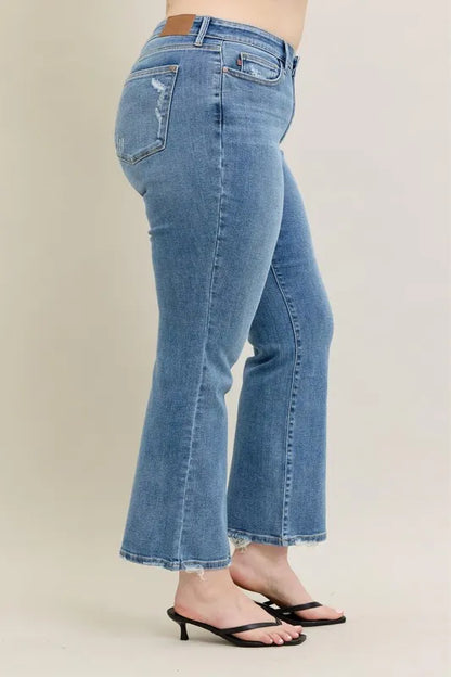 Judy Blue Full Size Mid Rise Wash Destroy Hem Bootcut Jeans Plus Size - Tigbul's Variety Fashion Shop