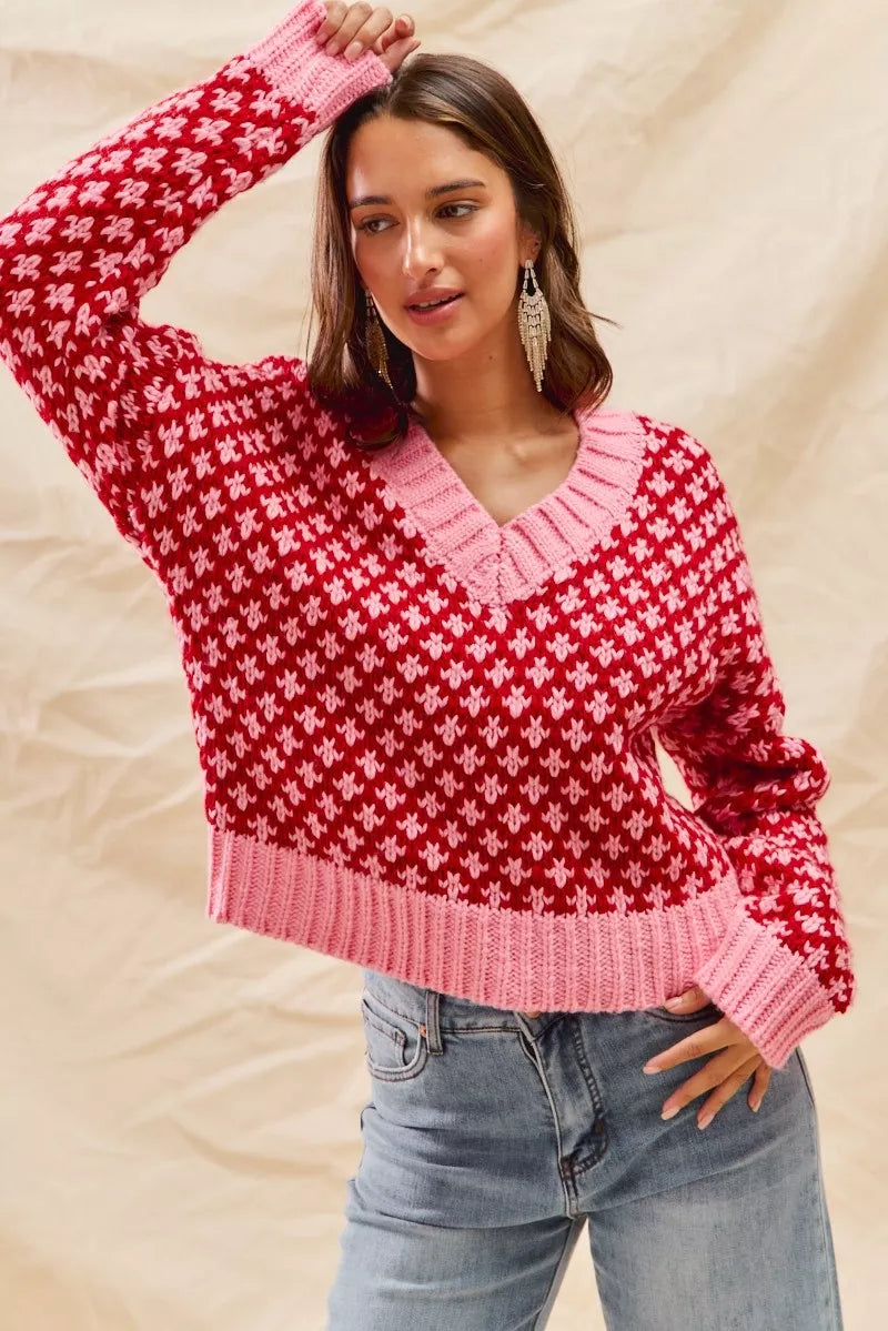 SO ME Color Block Textured Christmas Sweater V Neck Top - Tigbul's Variety Fashion Shop