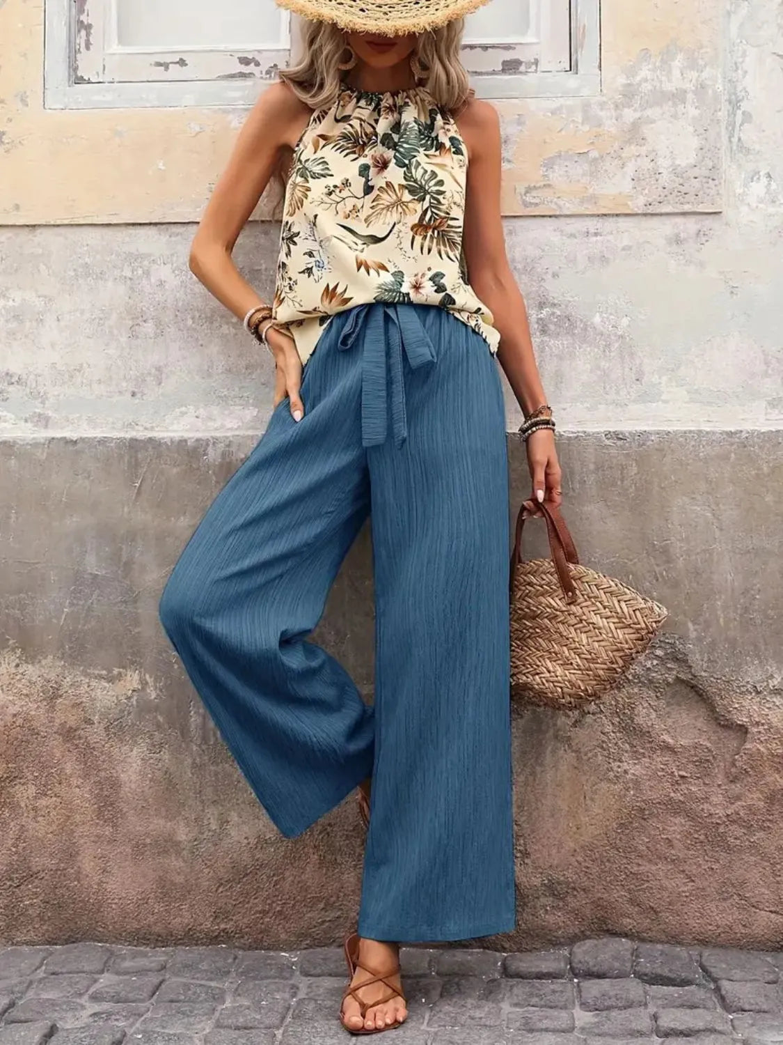 Printed Tank Top and Wide Leg Pants Set - Tigbul's Variety Fashion Shop