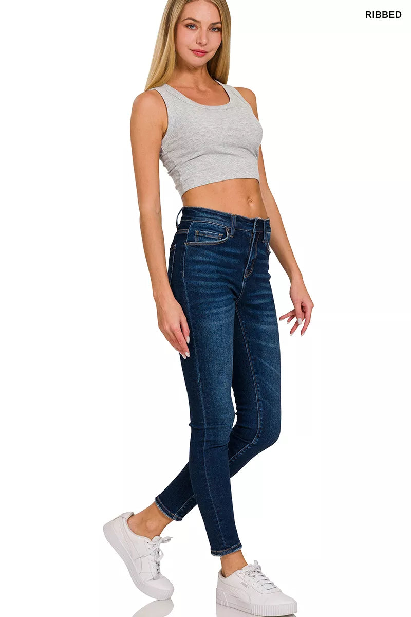H Grey ribbed cropped tank top with scoop neck and fitted hem