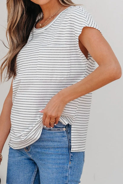 Stripe Cap Sleeve Crew Neck Casual Tee with Chest Pocket - Tigbul's Variety Fashion Shop