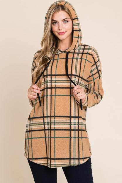 Plaid Long Sleeve Hoodie in Taupe - Tigbul's Variety Fashion Shop