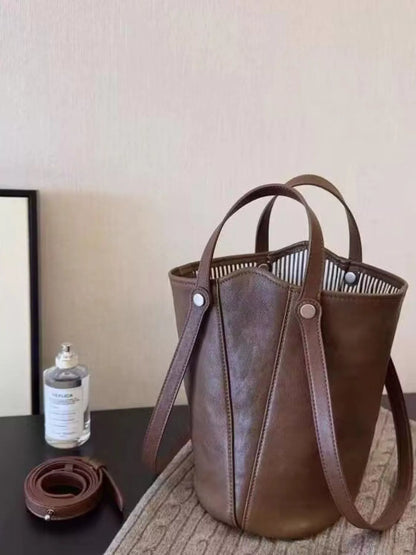 Brown Faux Leather Bucket Tote Bag - Tigbuls Variety Fashion Shop