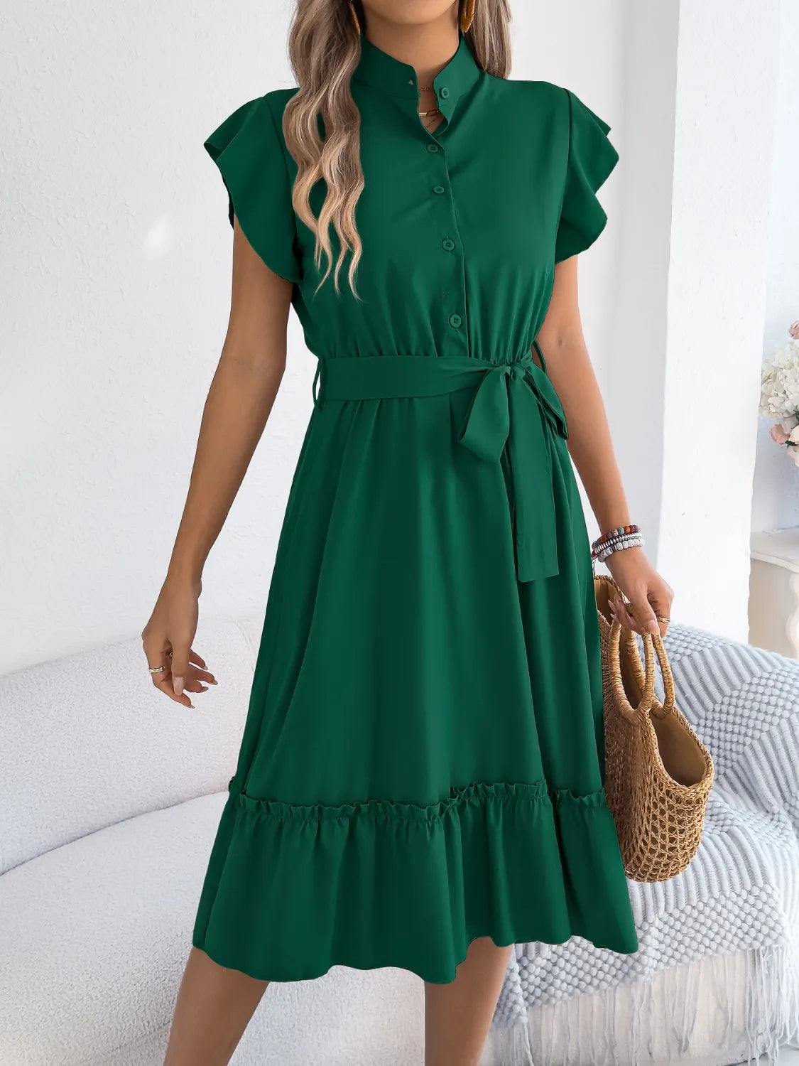 Tie Waist Ruffled Cap Sleeve Dress - Tigbul's Variety Fashion Shop