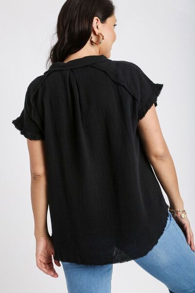 Black Frayed Hem Collared Neck Short Sleeve Shirt - Tigbul's Variety Fashion Shop