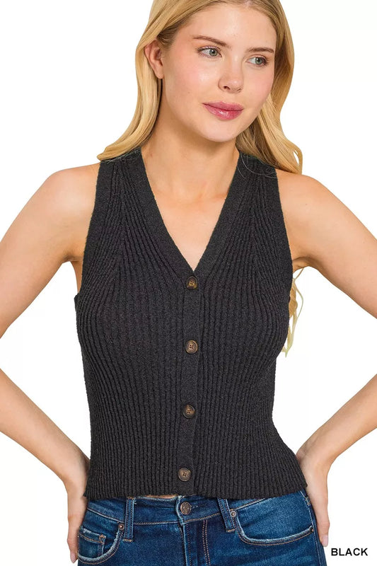 Zenana Ribbed Knit Button-Down Sweater Vest - Tigbul's Variety Fashion Shop
