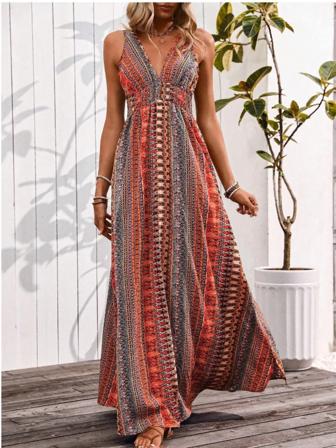 Tied Back Printed Sleeveless Maxi Slit Dress - Tigbul's Variety Fashion Shop