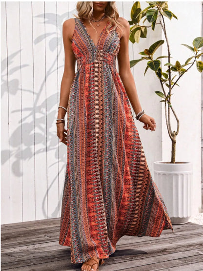 Tied Back Printed Sleeveless Maxi Slit Dress - Tigbul's Variety Fashion Shop