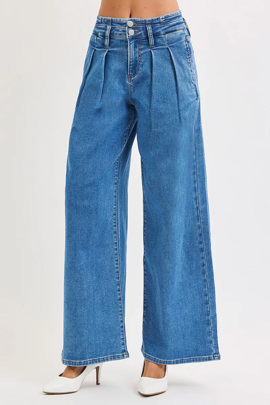 RISEN Full Size Mid Rise Fit Wide Leg with Pleated Detail Jeans Plus Size - Tigbul's Variety Fashion Shop