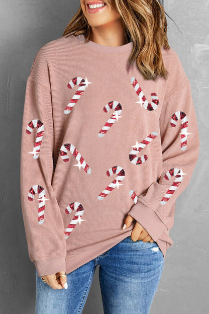 Sequin Candy Cane Round Neck Sweatshirt - Tigbul's Variety Fashion Shop